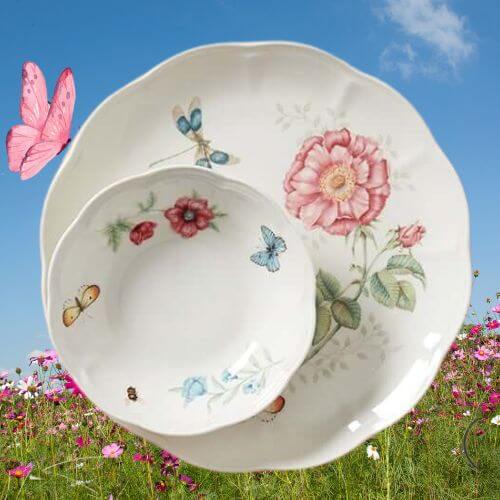 Original Design for Butterfly Meadow - bowl and dinner plate with springtime flowery background and butterfly