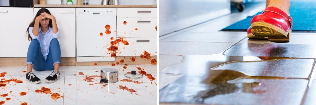 Spilled tomato sauce on left with woman sitting on floor; spilled liquid on right with foot about to step in it