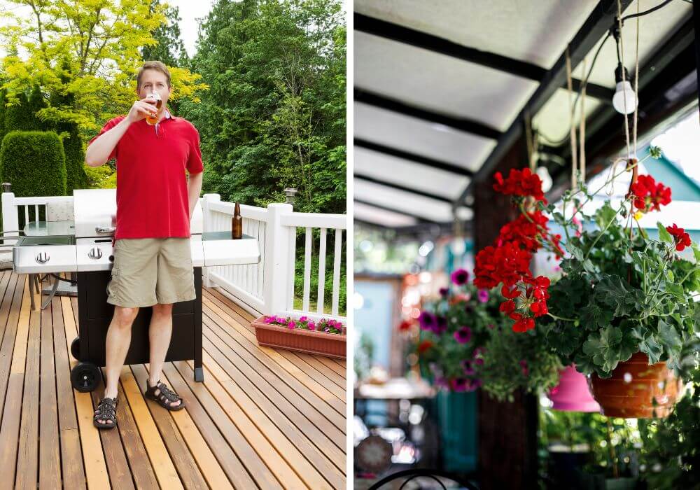 5 Backyard Image: top L garden and fencing; top M is raised garden beds, t R folks gathered at garden party; B L- man in front of grill; BR geranium hanging basket.