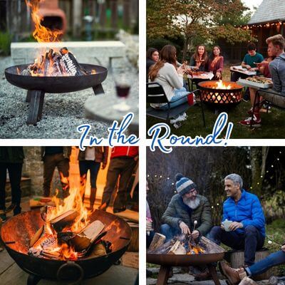 Series of 4 images showing Round Wood-Burning Fire Pits with people gathered around them.