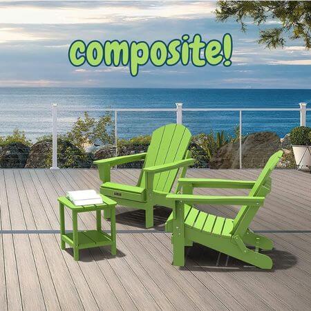 Pair of lime green composite Adirondack chairs with matching table on deck at beach.