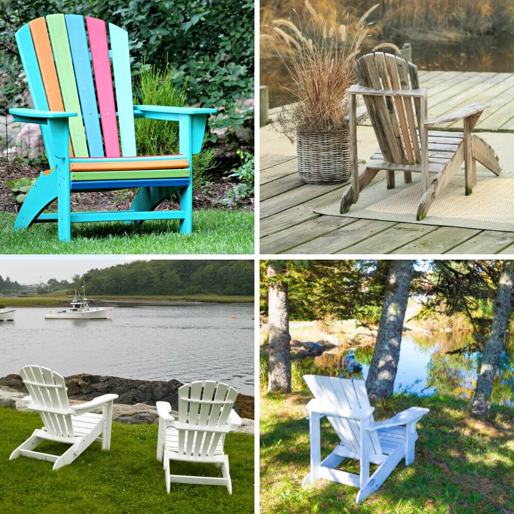 Four images showing different designs of the Adirondack chair in different colors.