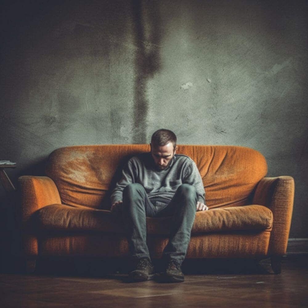 Man on a couch looking depressed