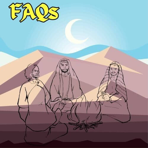 FAQ Section - artist's rendition of desert mountains with overlay of desert men around a fire.