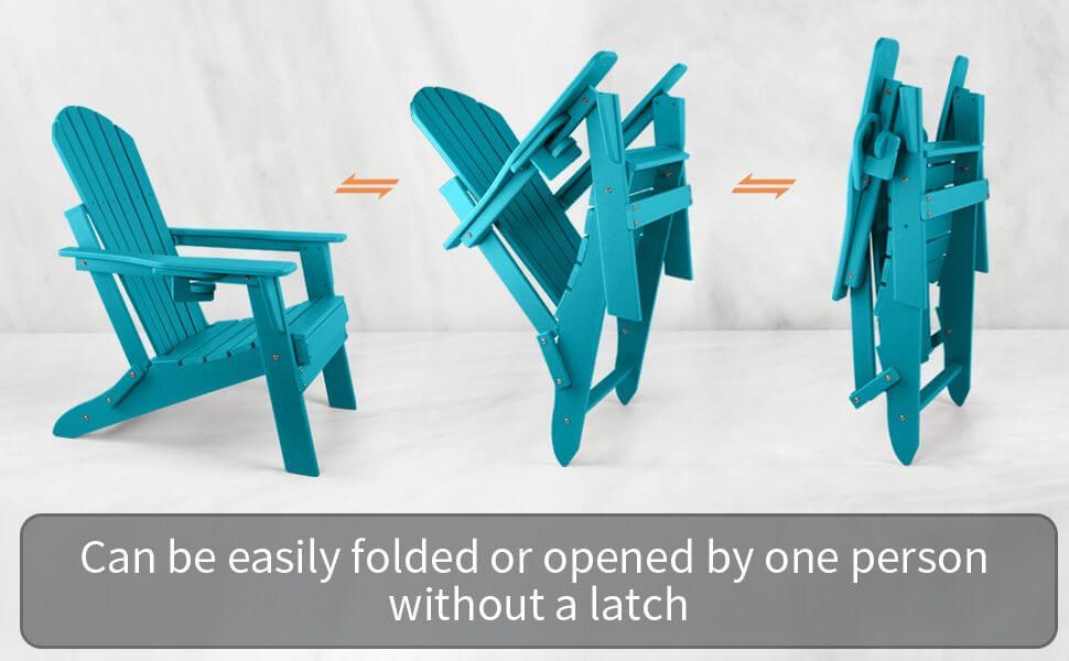 Image showing chair and folding sequence with signage at bottom "Can be easily folded or opened by one person without a latch."