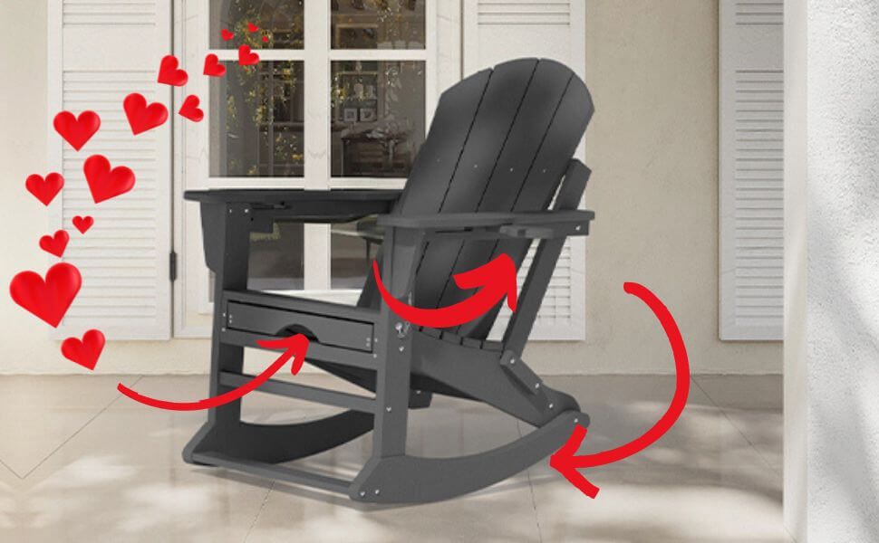 Pic showing the chair as a rocker, red arrows pointing to the cup holder and the ottoman inserted into the bottom of the chair.