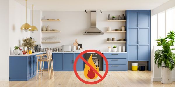 Clean and tidy kitchen with No Fire sign