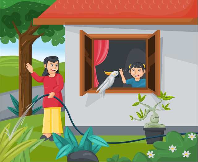 Artist's drawing of mom watering yard and child waving from window