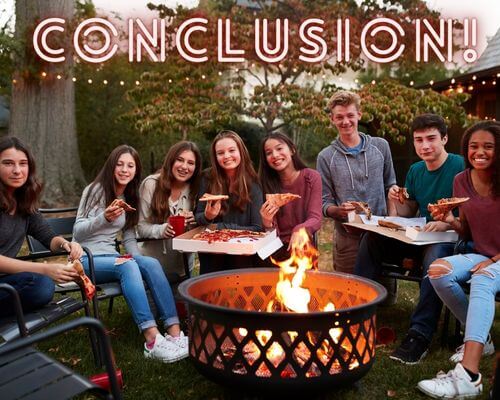 People eating pizza around a fire pit with "Conclusion" printed above