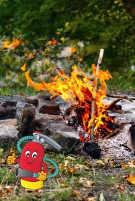 Damaged fire pit with comic fire extinguisher for safety