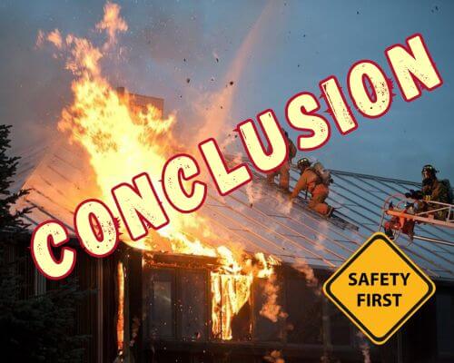 House on fire with firemen working - conclusion in lettering