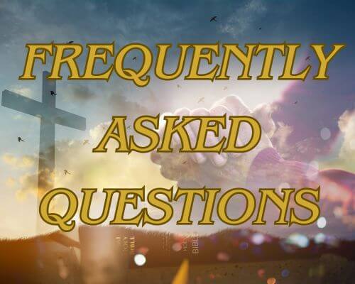 Frequently Asked Questions with Cross, Bible, and clasped hands as background