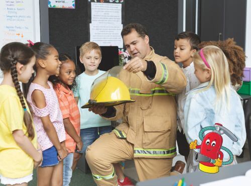 Fireman showing group of school kids his equipment