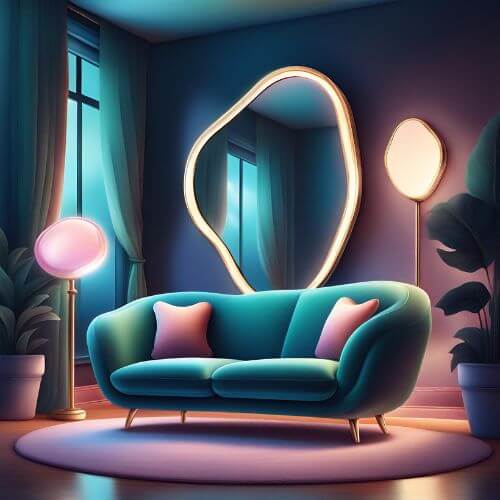Drawing of asymmetrical mirror over modern couch in teal and pink