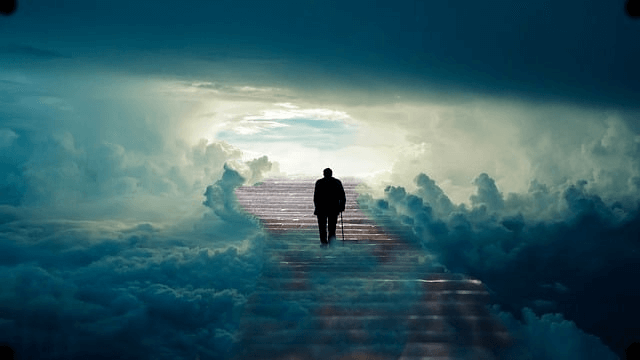 Man walking up stairs toward heaven