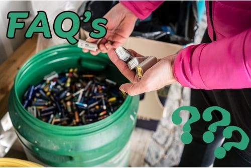 FAQ's at top with woman placing old batteries in a green recycling bin and 3 question marks bottom right corner