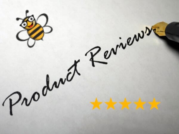 Product Reviews written across gray background with 5 stars and Bertie Bee in the corners