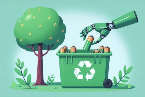 Artist's rendition of green recycling bin beside green tree with green hand putting in batteries