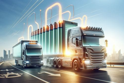 Futuristic depiction of two battery-driven trucks on highway