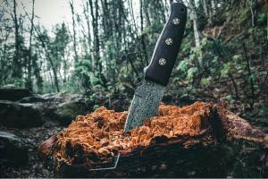 Damascus knife with blade in wooden stump