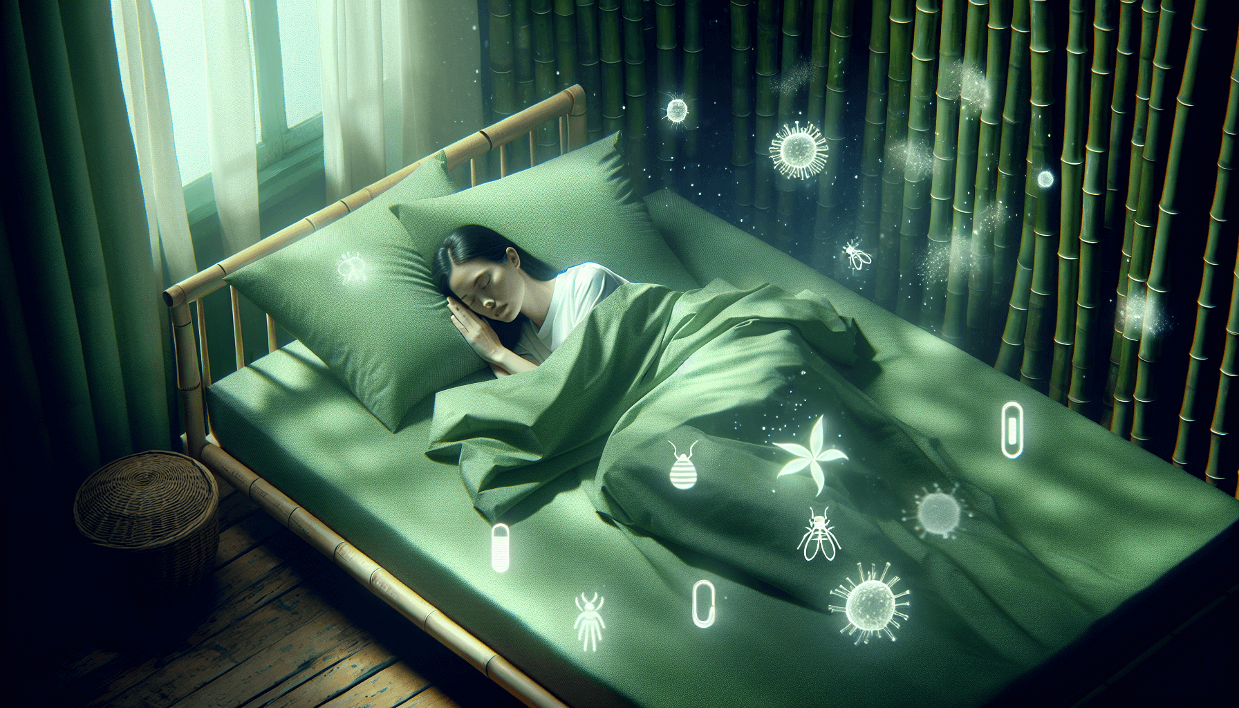 Woman on bed with green hypoallergenic bamboo sheets