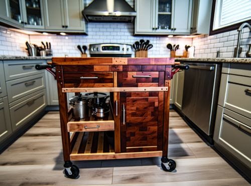 AI image of butcher block cart on wheels in a kitchen