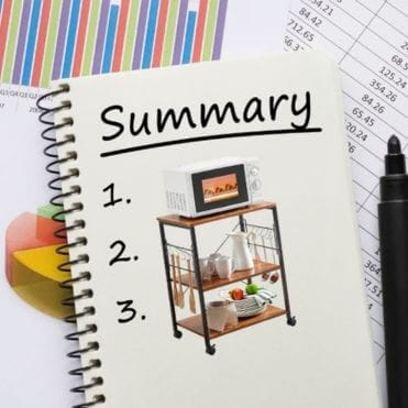 Notebook with "Summary" written out and picture of a kitchen cart below.