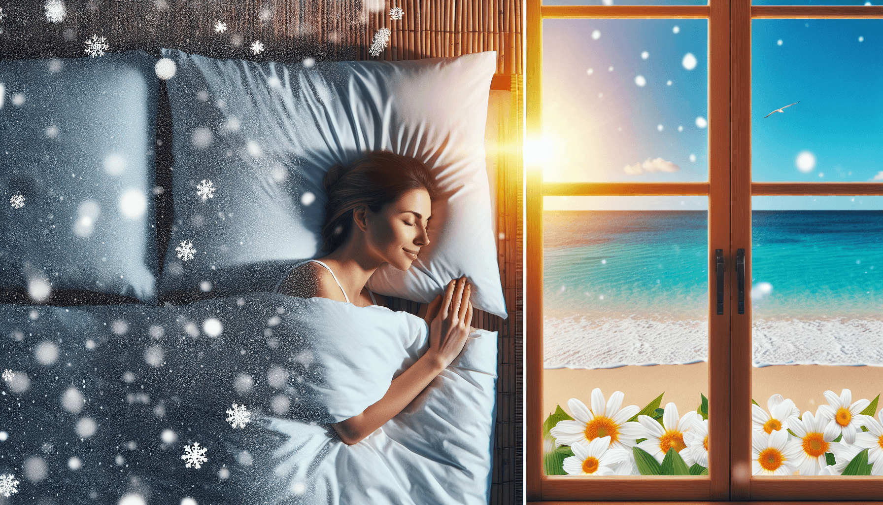 Woman on bamboo sheets and images of all seasons