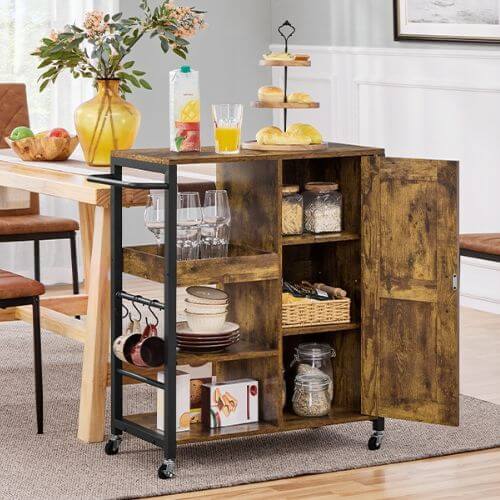 Wooden and metal cart with adjustable shelves and door.