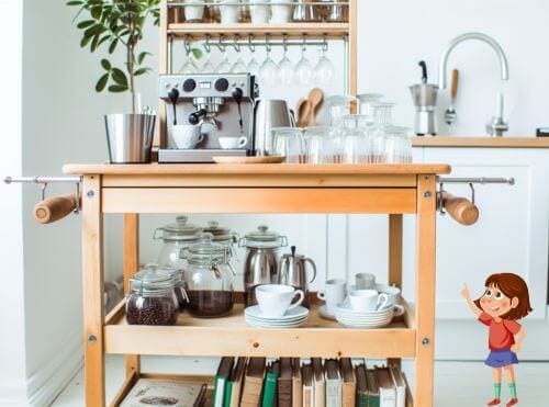 Example of kitchen cart being used as a coffee bar with cookbooks on the bottom shelf