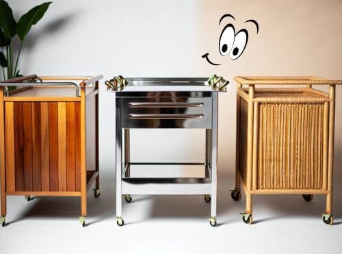 Examples of a wooden, stainless steel, and rattan kitchen cart on wheels
