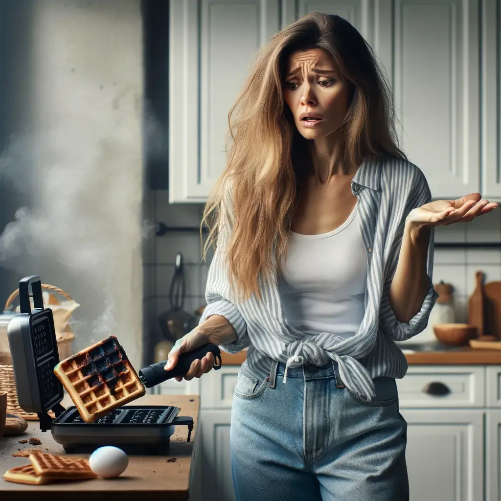 Frustrated mom burning waffles in a kitchen.