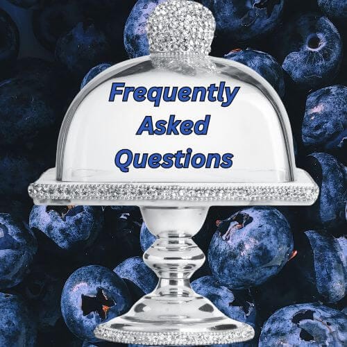 Glass pedestal cake stand with "Frequently Asked Questions" and background of blueberries.