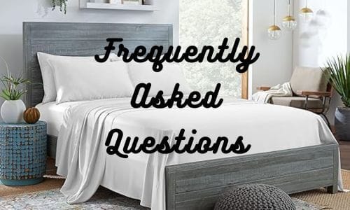 White Tencel bed sheets on bed with Frequently Asked Questions written
