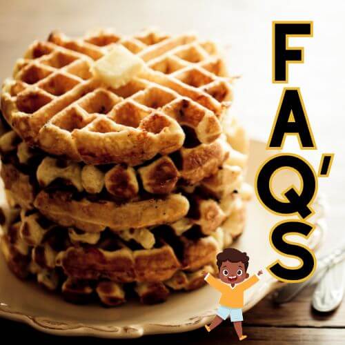 Image of stack of waffles with FAQ's on side and graphic of happy kid