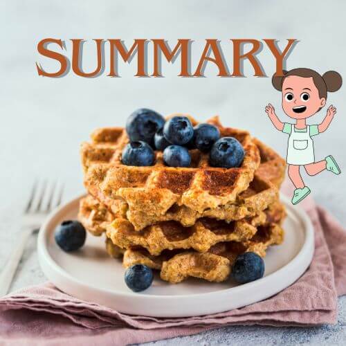 Image of waffles with blueberries and "Summary" on top with graphic of happy kid.