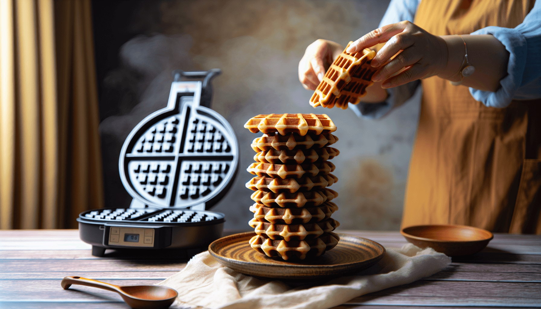 Warm waffles being stacked on a plate