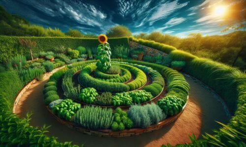 AI generated image with a beautiful spiral herb garden with a sunflower in the middle.