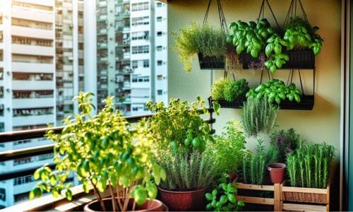 Herbs grown in an apartment's sunny balcony.