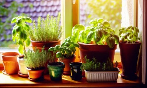Various herbs in different sized pots on a window sill in the sun.