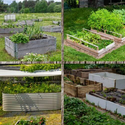 4 examples of raised beds: wood boards and recycled stock tank.