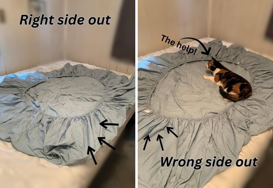Fitted sheet right side out and wrong side out with Missy