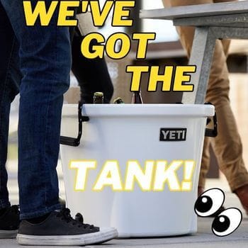 A white tank cooler with someone standing by it: "We've got the tank."