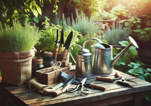 Table of herbs and tools (AI generated)