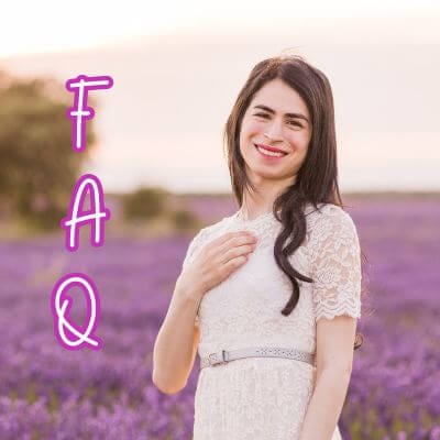 Woman standing in lavender field with FAQ on left of image