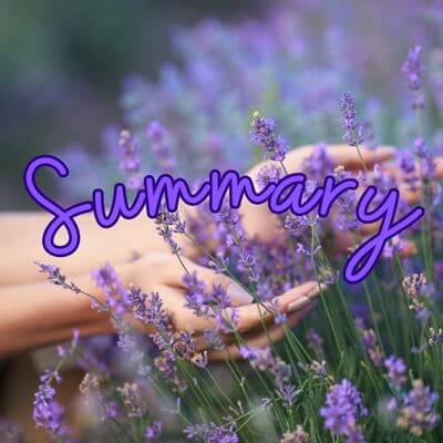 hands in garden holding lavender blooms with Summary across image