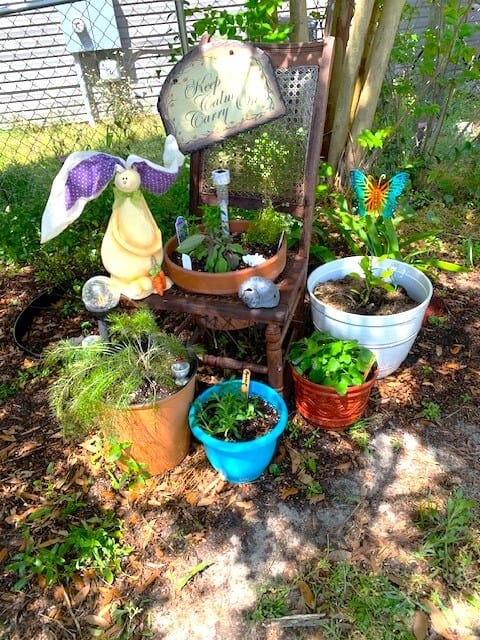 Various pots with herbs and a bunny rabbit statuette on guard!