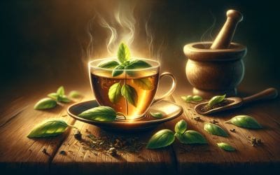  Illustration of a cup of basil tea with fresh basil leaves