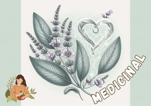 Illustration of sage leaves and flowers with a heart symbol