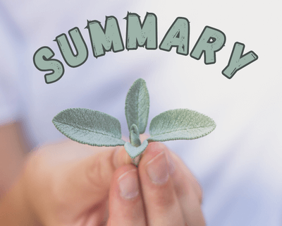 Hand holding tiny sage leaves with Summary written above it